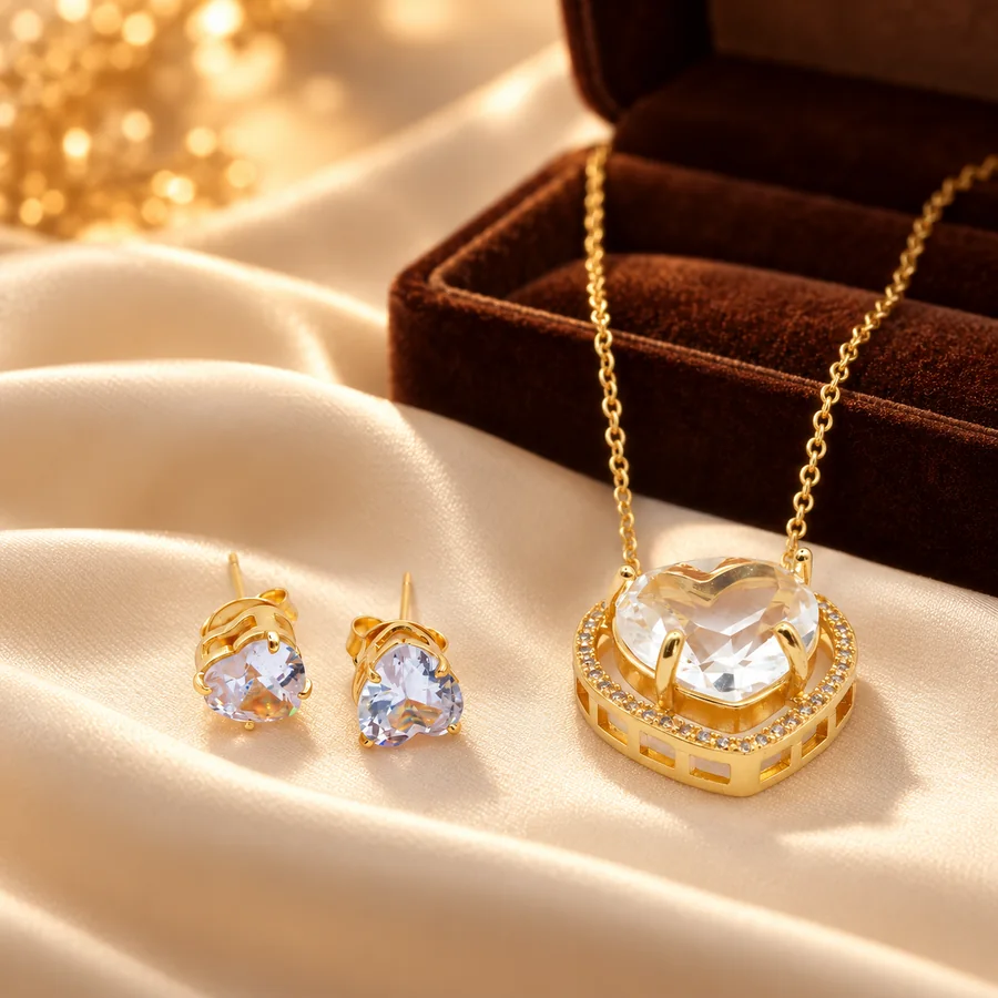 Conjunto de colar e brincos de coração em cristal no porta-joias